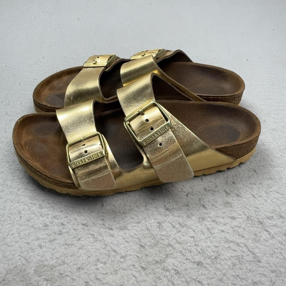 Birkenstock Arizona Shoes Womens Size 6 Gold Slide Sandals Cork Footbed Comfort - Picture 3 of 16